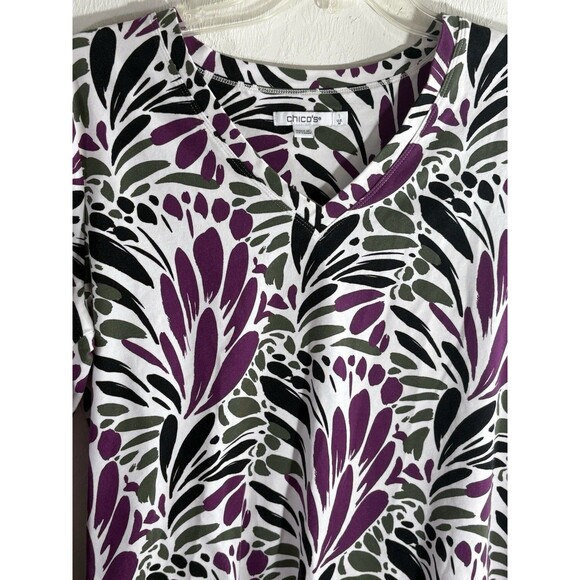 Chicos White Purple Olive Floral 3/4 Sleeve V-Neck Cotton Woman Sz 1 Medium Top - Picture 5 of 13